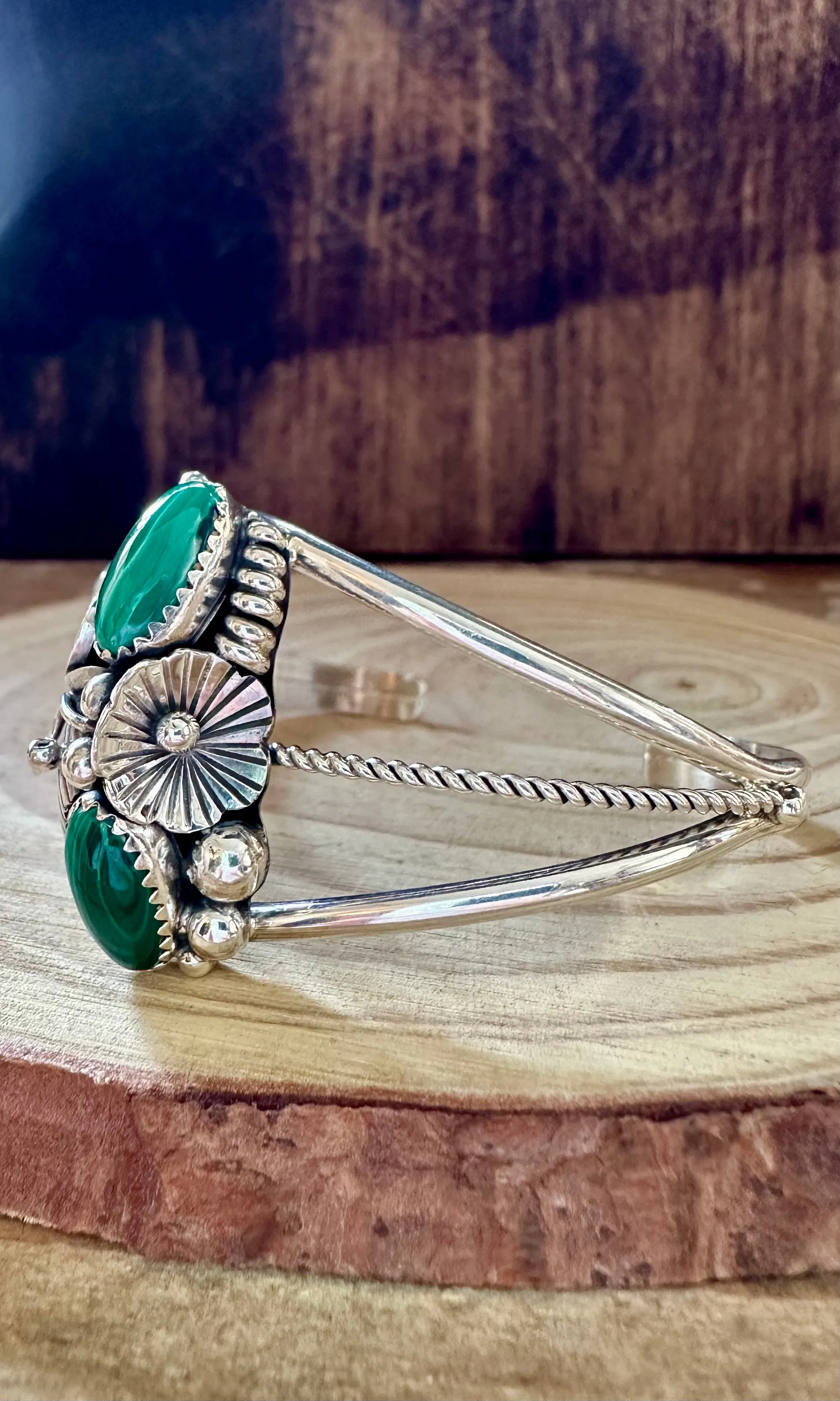 MALACHITE FLORAL GARDEN Sterling Silver Cuff • 12g