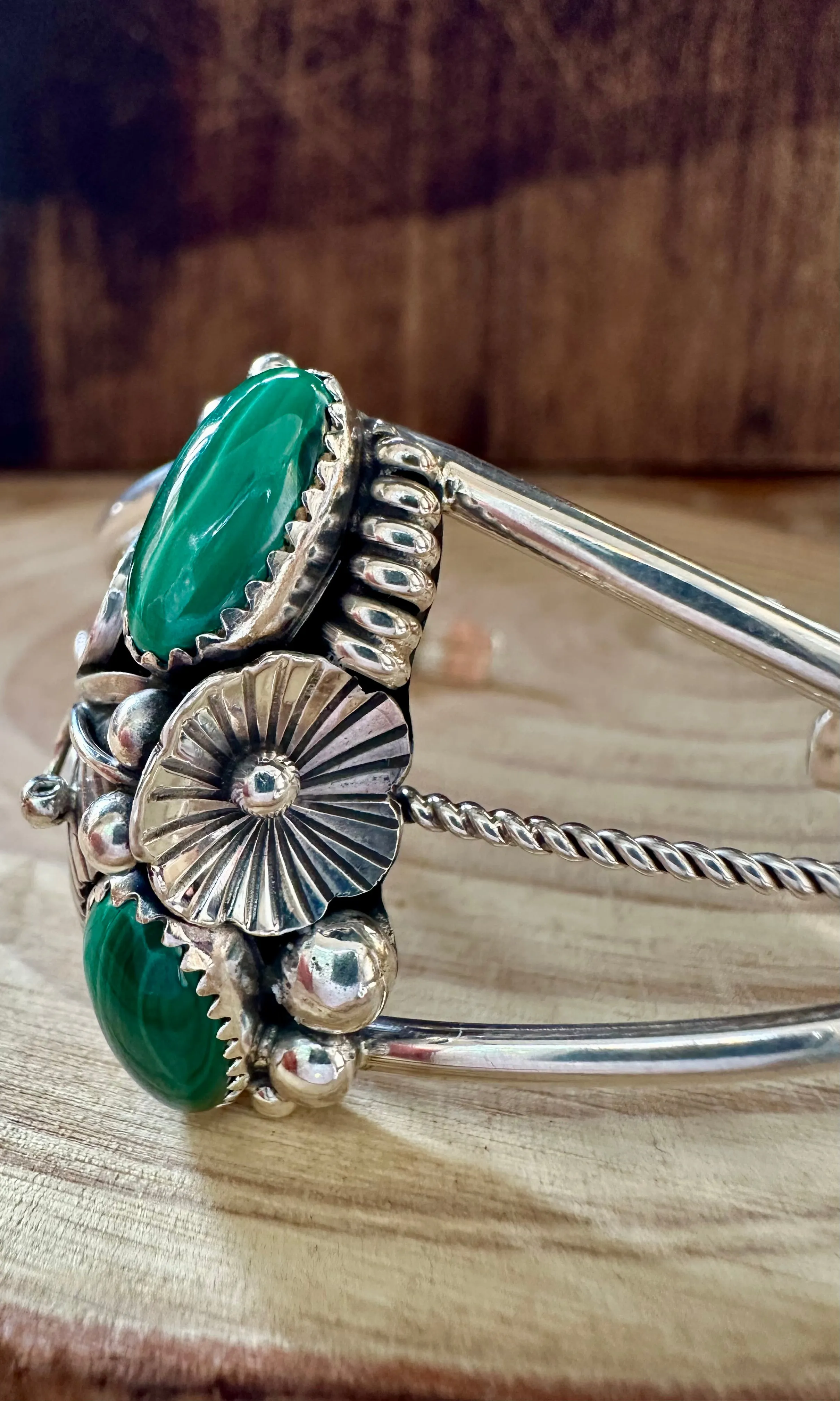 MALACHITE FLORAL GARDEN Sterling Silver Cuff • 12g