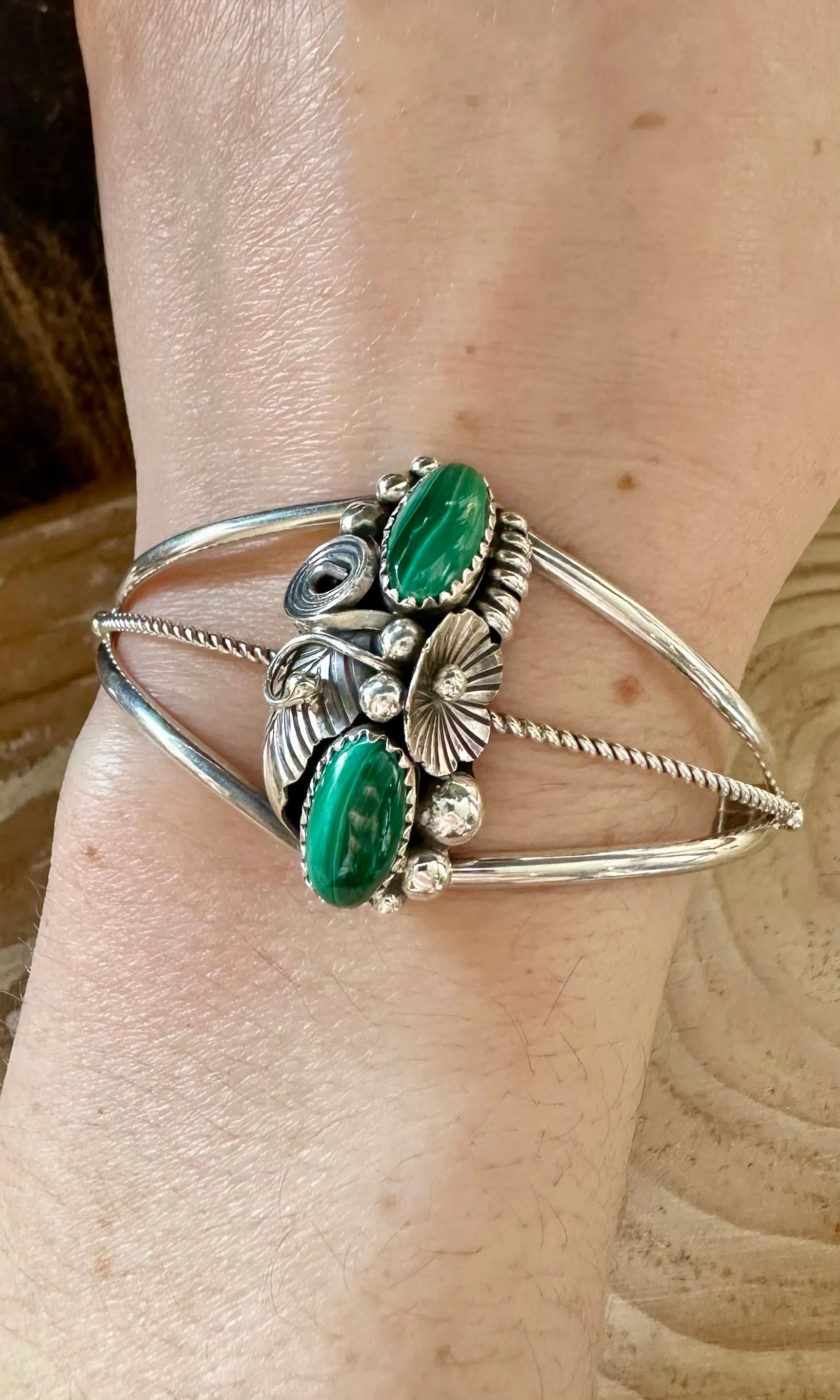 MALACHITE FLORAL GARDEN Sterling Silver Cuff • 12g