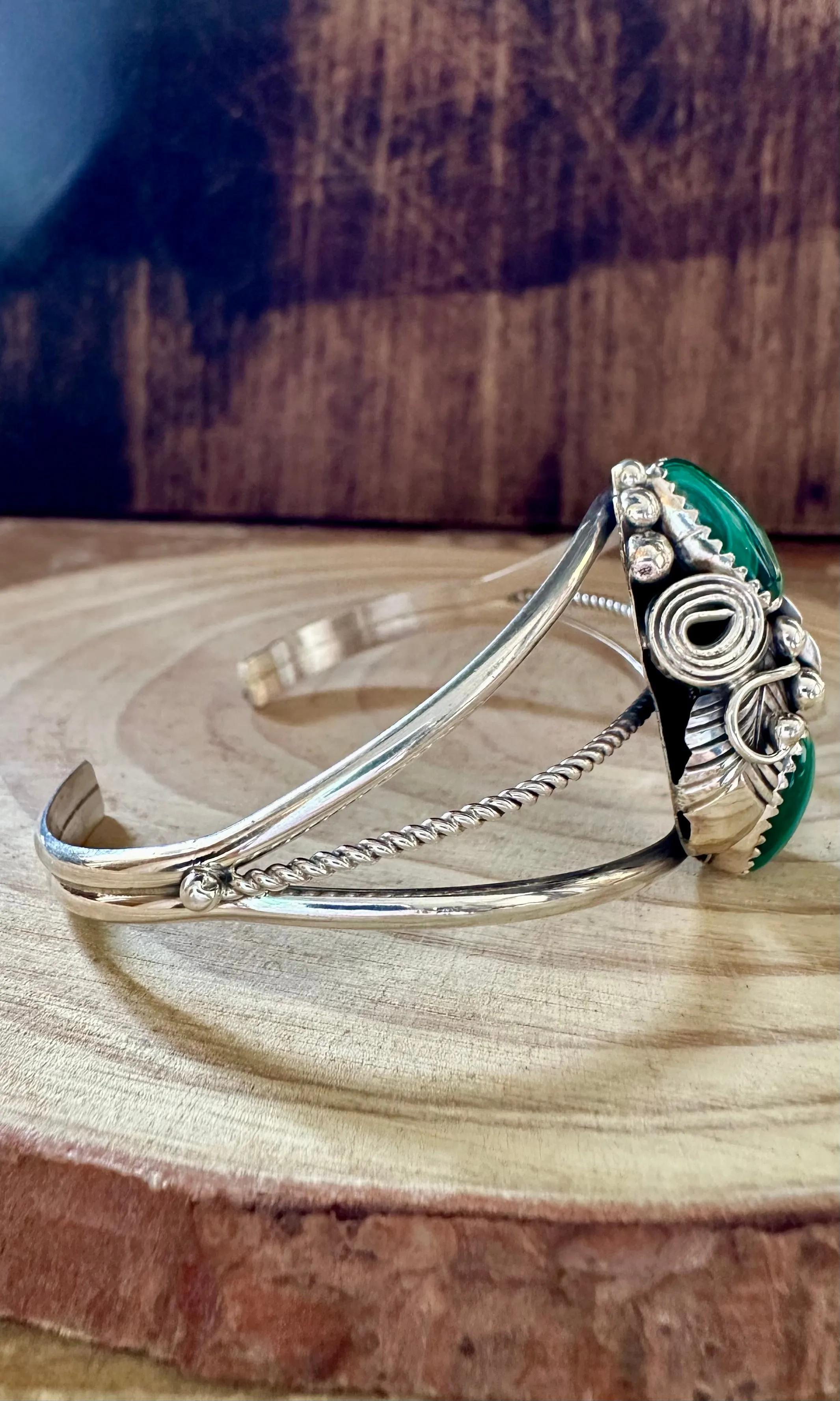 MALACHITE FLORAL GARDEN Sterling Silver Cuff • 12g