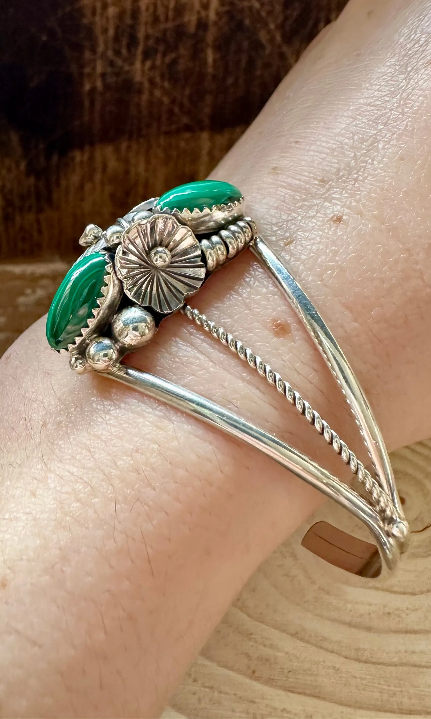 MALACHITE FLORAL GARDEN Sterling Silver Cuff • 12g
