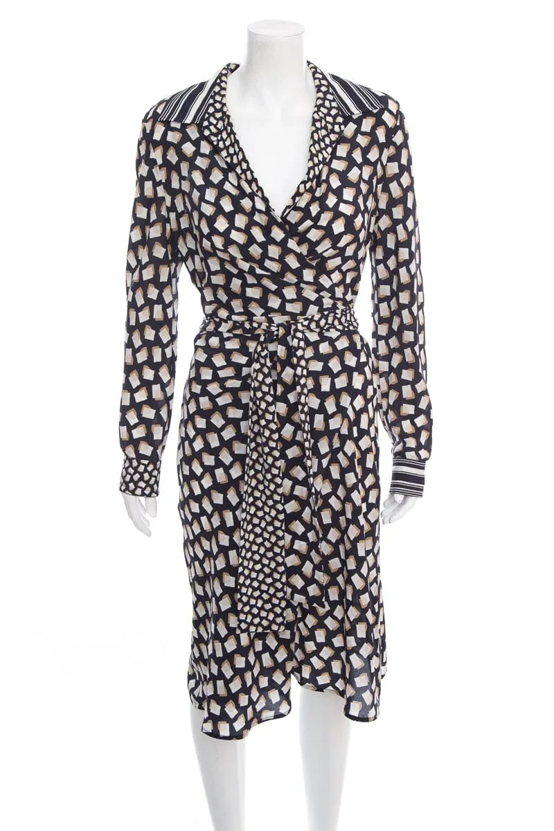 Max Mara Black and Beige Silk Printed Wrap Dress SZ 12