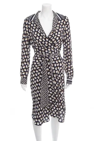 Max Mara Black and Beige Silk Printed Wrap Dress SZ 12