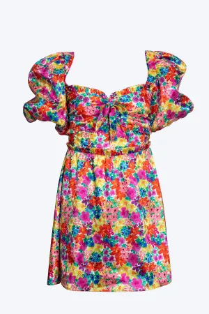 MERRILL PUFF SLEEVE OPEN-BACK SATIN JACQUARD MINI DRESS
