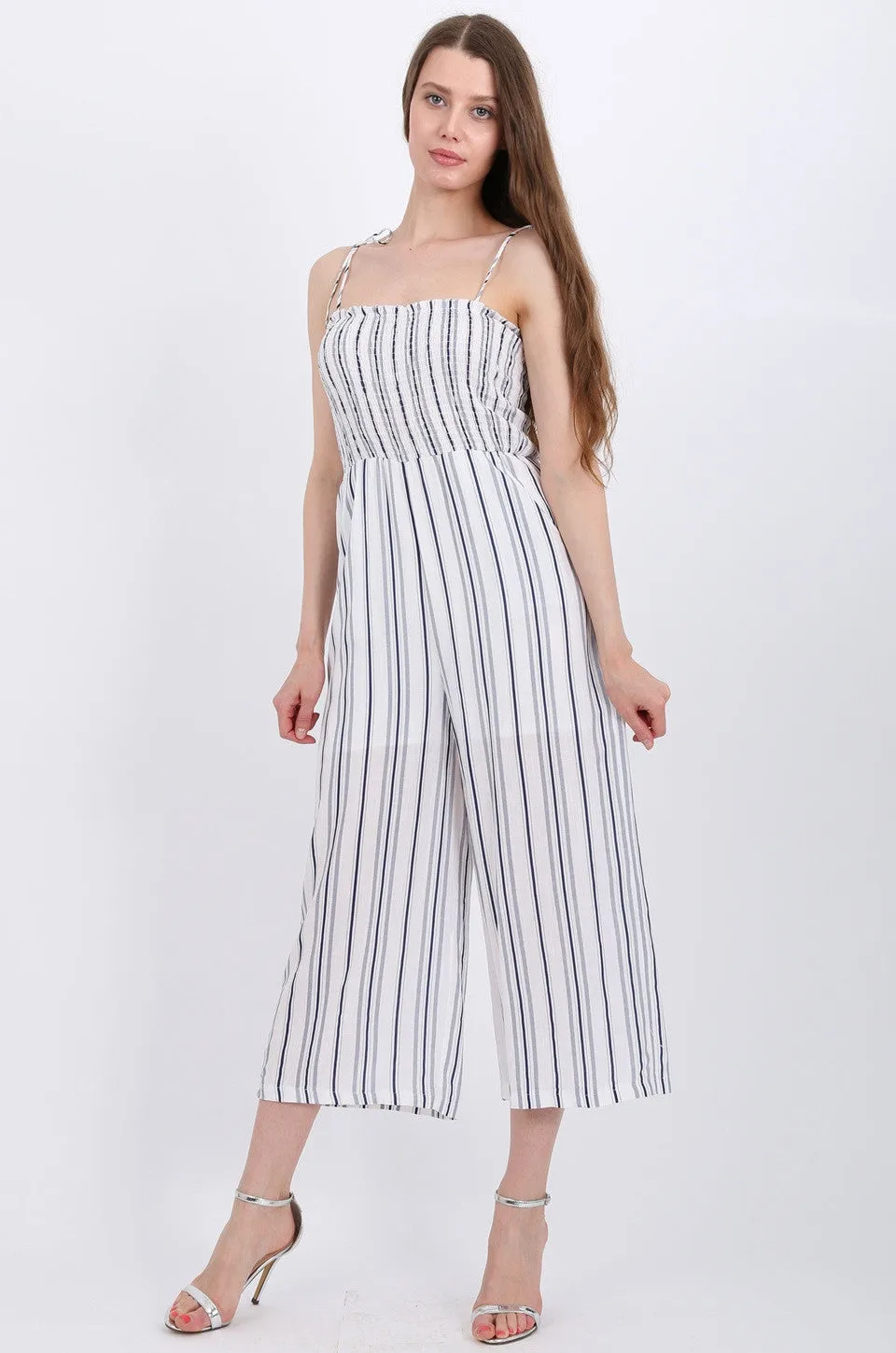 MISS PINKI Amaya Jumpsuit in White/blue stripe
