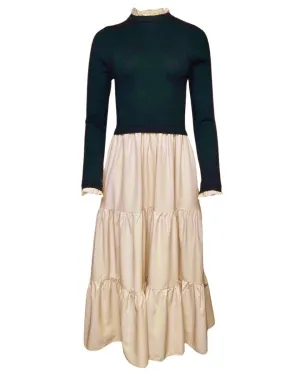 Mixed Media Ruffle Detail Midi Dress