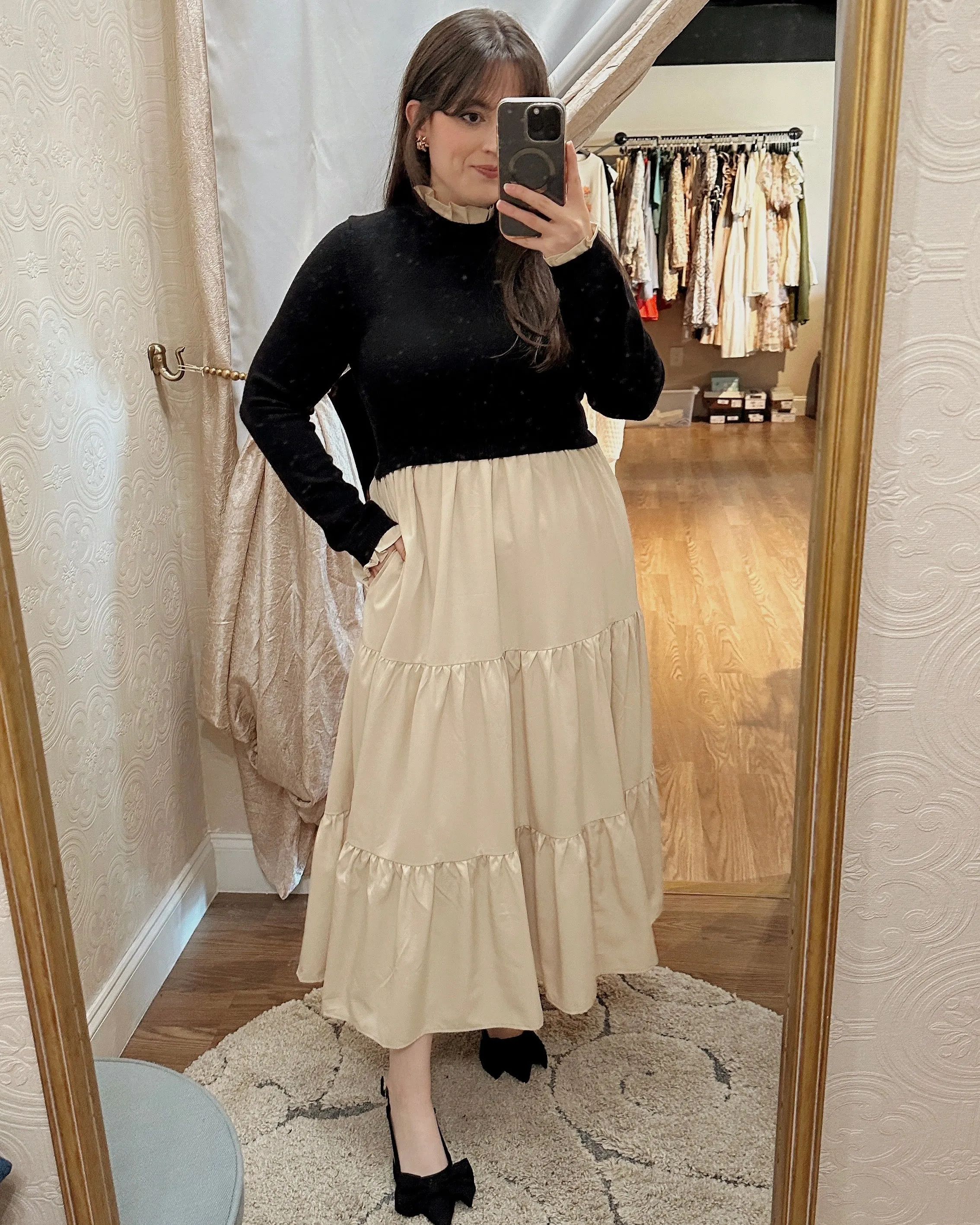 Mixed Media Ruffle Detail Midi Dress