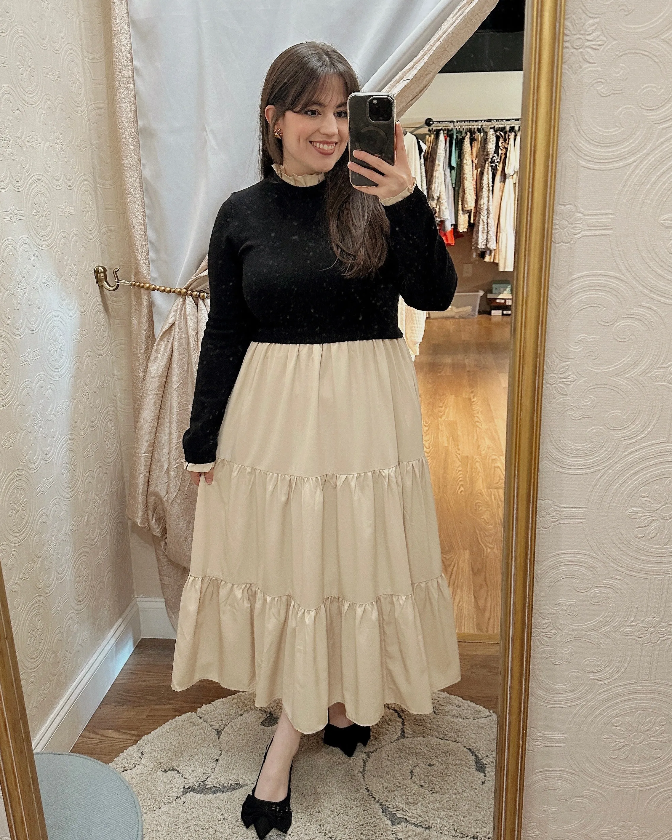 Mixed Media Ruffle Detail Midi Dress
