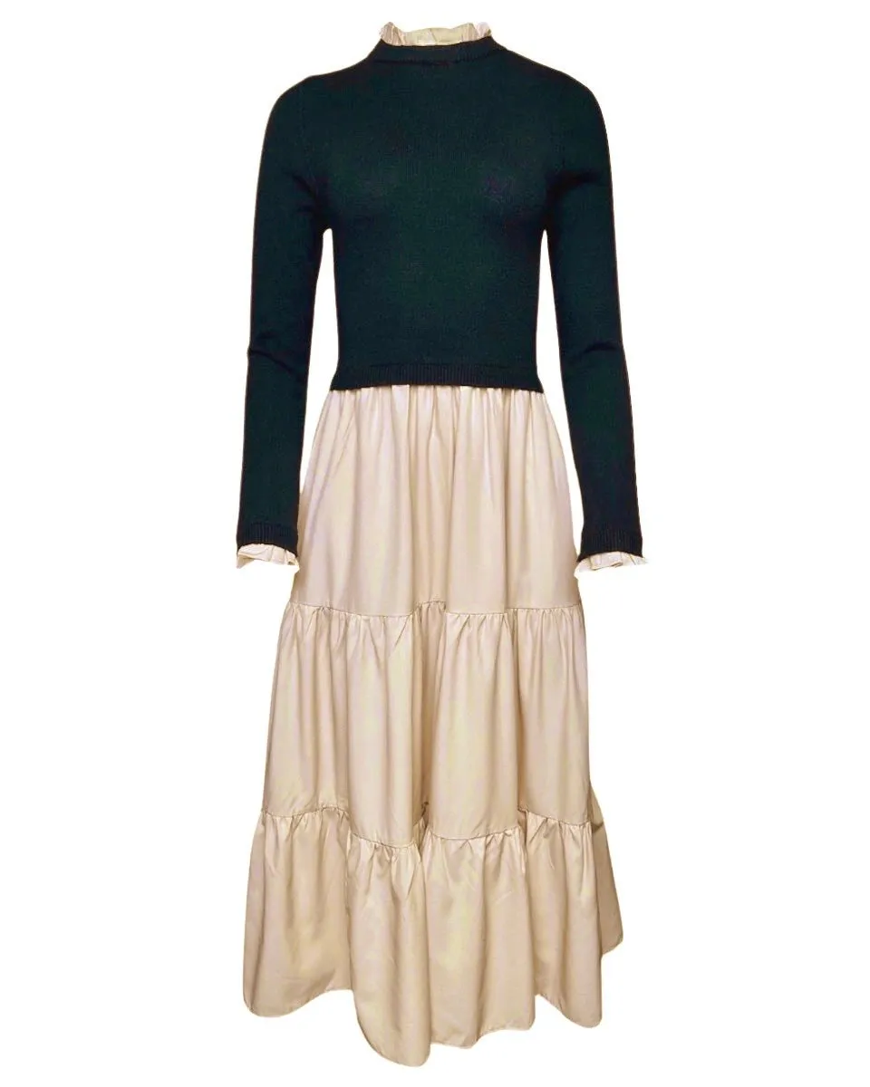 Mixed Media Ruffle Detail Midi Dress