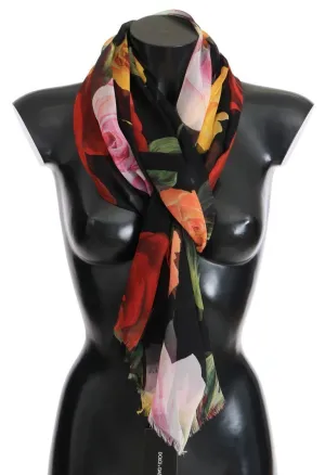 Multicolor Roses Print Silk Scarf