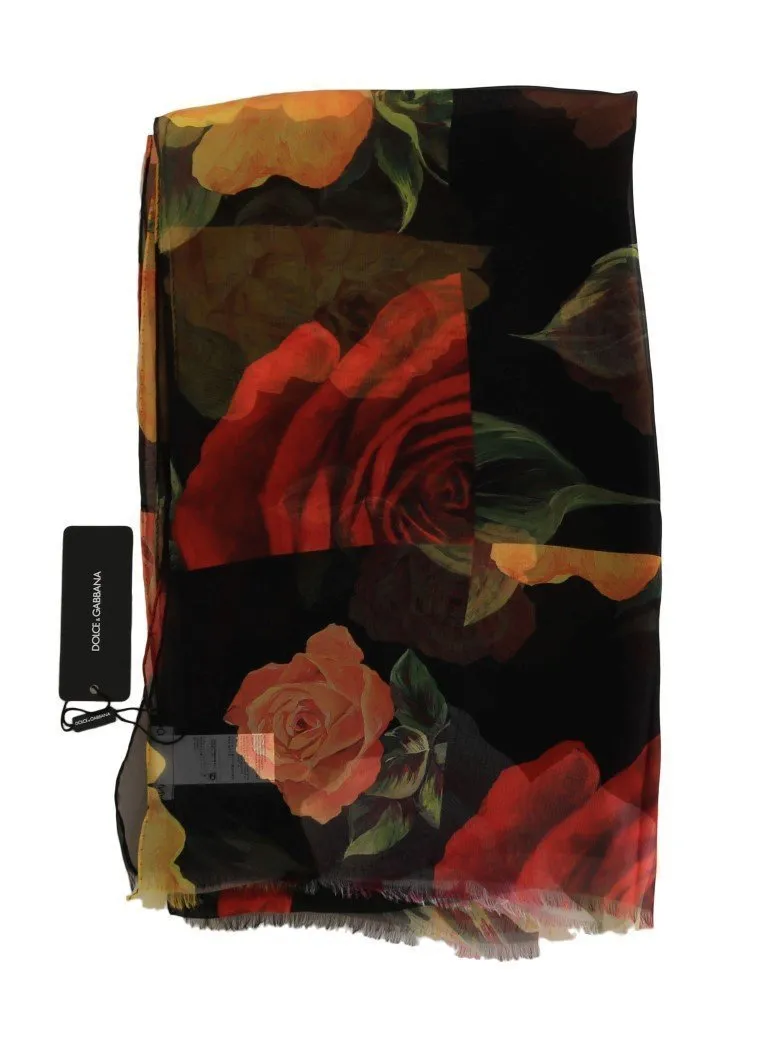 Multicolor Roses Print Silk Scarf
