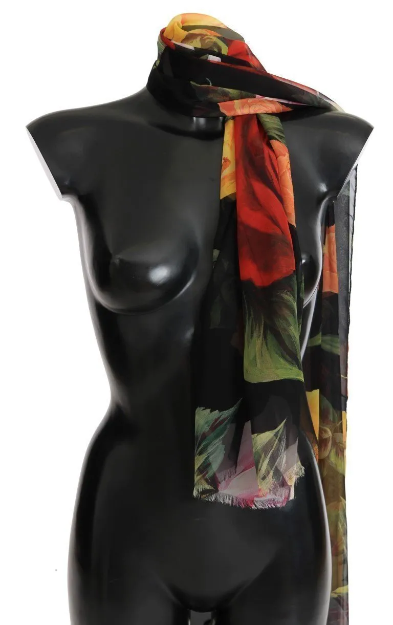 Multicolor Roses Print Silk Scarf