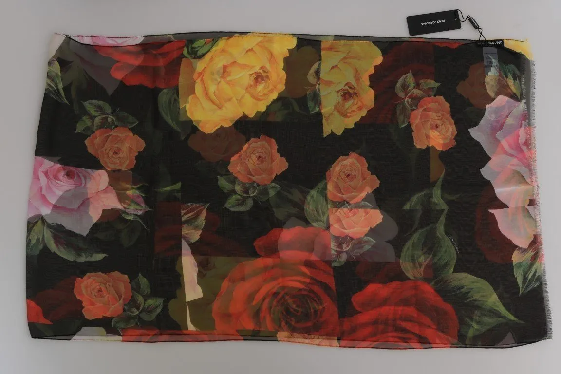 Multicolor Roses Print Silk Scarf
