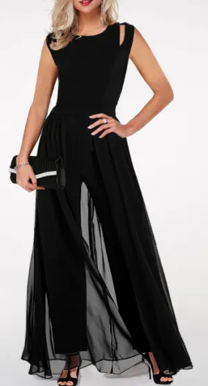 NEW Rosewe Black High Waist Round Neck Chiffon Overlay Jumpsuit, Sz 2XL, Retails $77