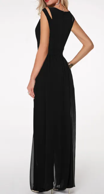 NEW Rosewe Black High Waist Round Neck Chiffon Overlay Jumpsuit, Sz 2XL, Retails $77