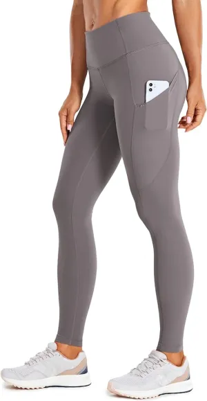 New vdbm YOGA Women's Light-Fleece Workout Leggings - High Waisted Warm Matte Brushed Tights Pants with Pockets, Grey, Sz M