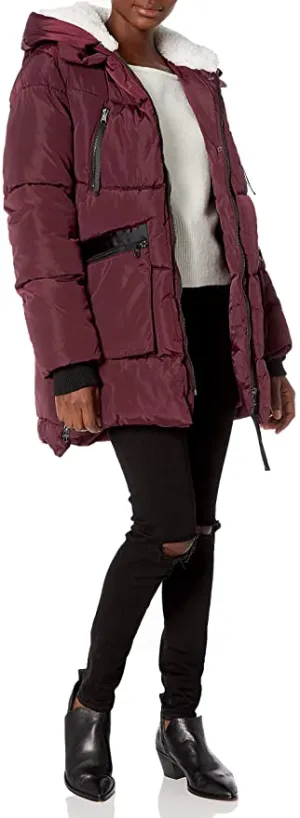 New with tags! Women's Steve Madden Puffer Parka Jacket with over-sized hood with faux shearling, Merlot, Sz L!