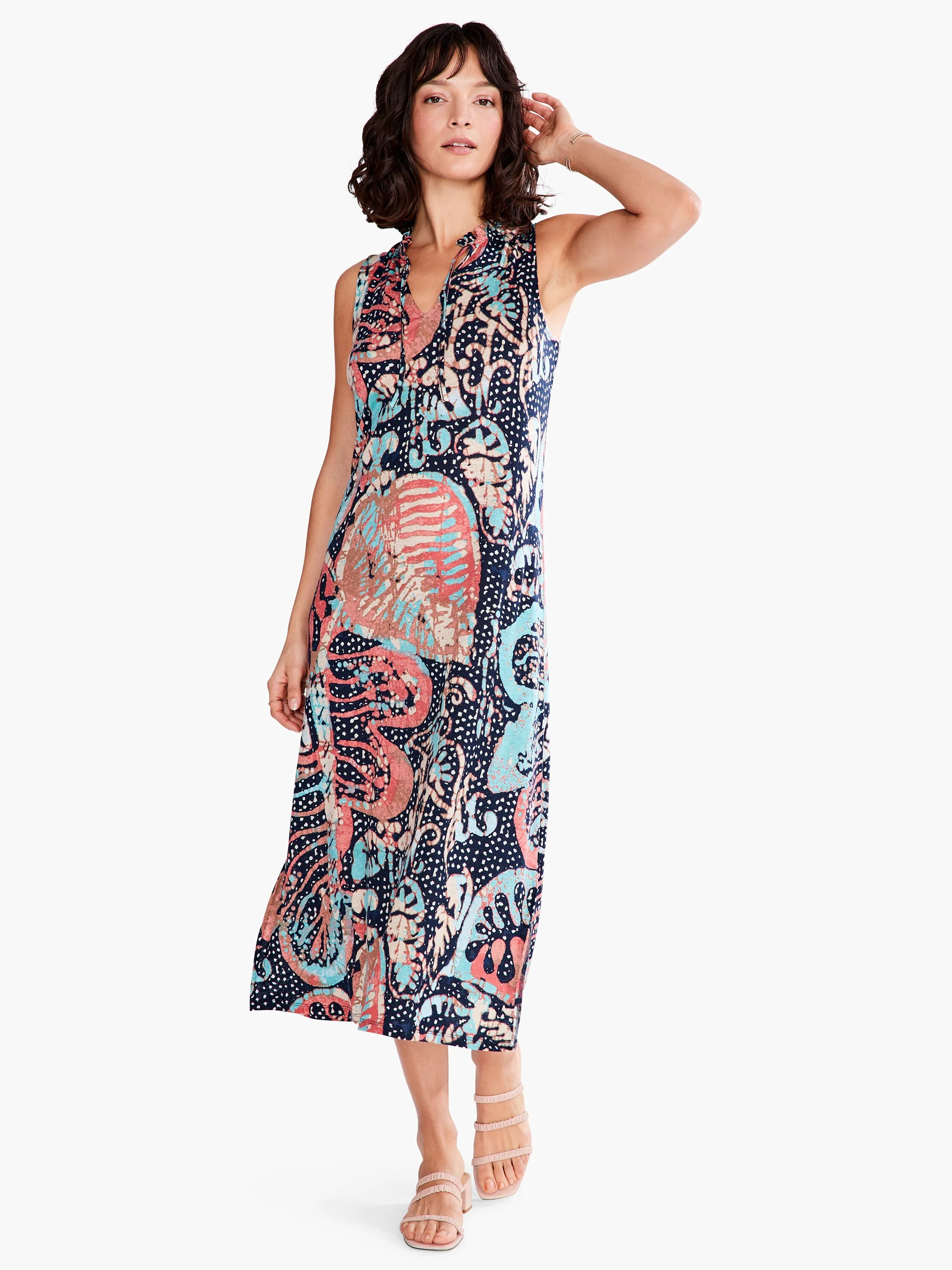 NIC ZOE Indigo/Multi Batik Stamp Sleeveless Midi Tank Dress S231251