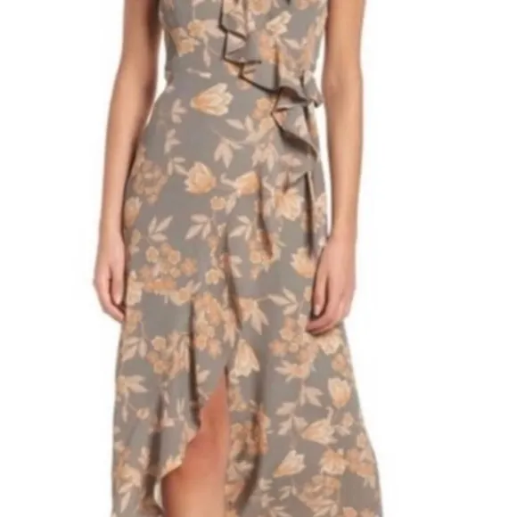 Nordstrom Leith Grey Floral Wrap Midi Dress High Low Ruffle Peach Flower Sz S