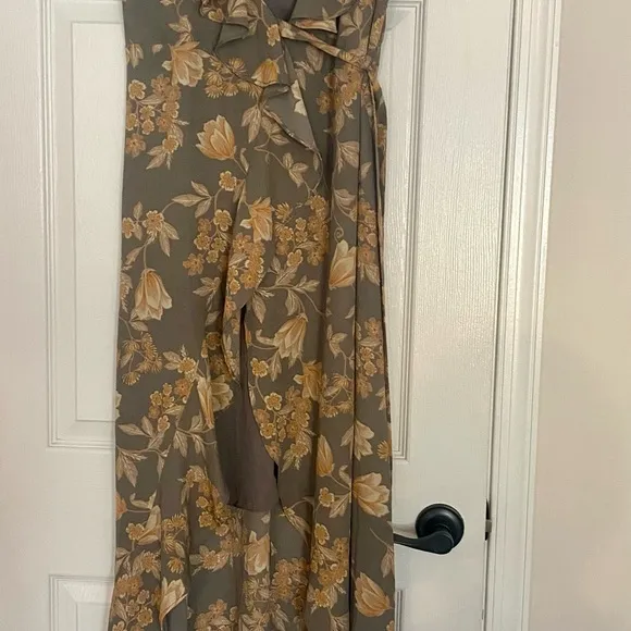Nordstrom Leith Grey Floral Wrap Midi Dress High Low Ruffle Peach Flower Sz S