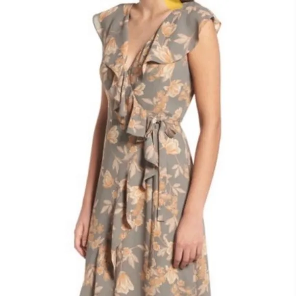 Nordstrom Leith Grey Floral Wrap Midi Dress High Low Ruffle Peach Flower Sz S