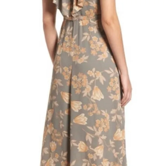 Nordstrom Leith Grey Floral Wrap Midi Dress High Low Ruffle Peach Flower Sz S