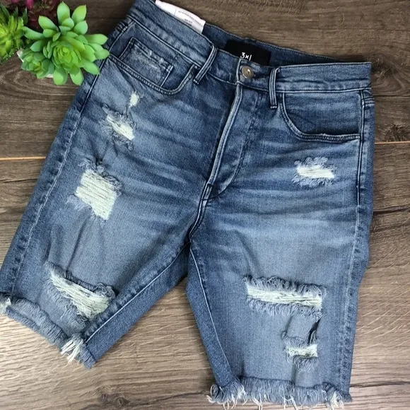 NWT 3x1 90's Skater Denim Shorts Destroyed Y2K 25 Designer Bermuda Knee Shorts