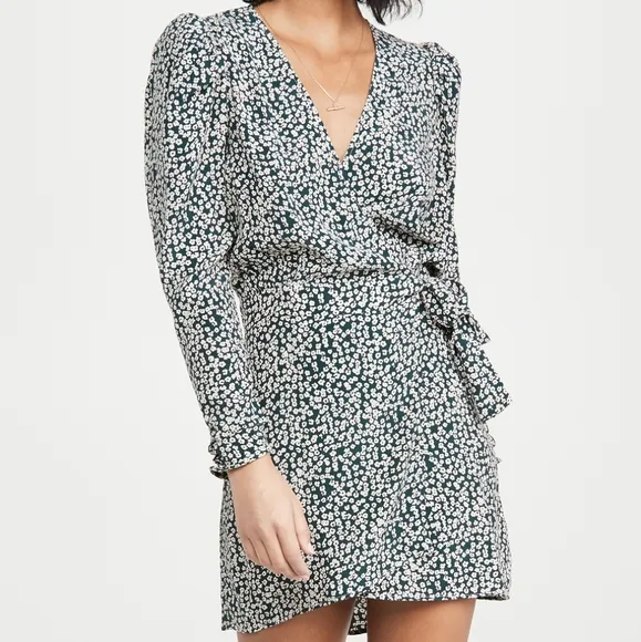 NWT Free People Green Pine Needle Combo Floral Kinsley Wrap Mini Dress 0