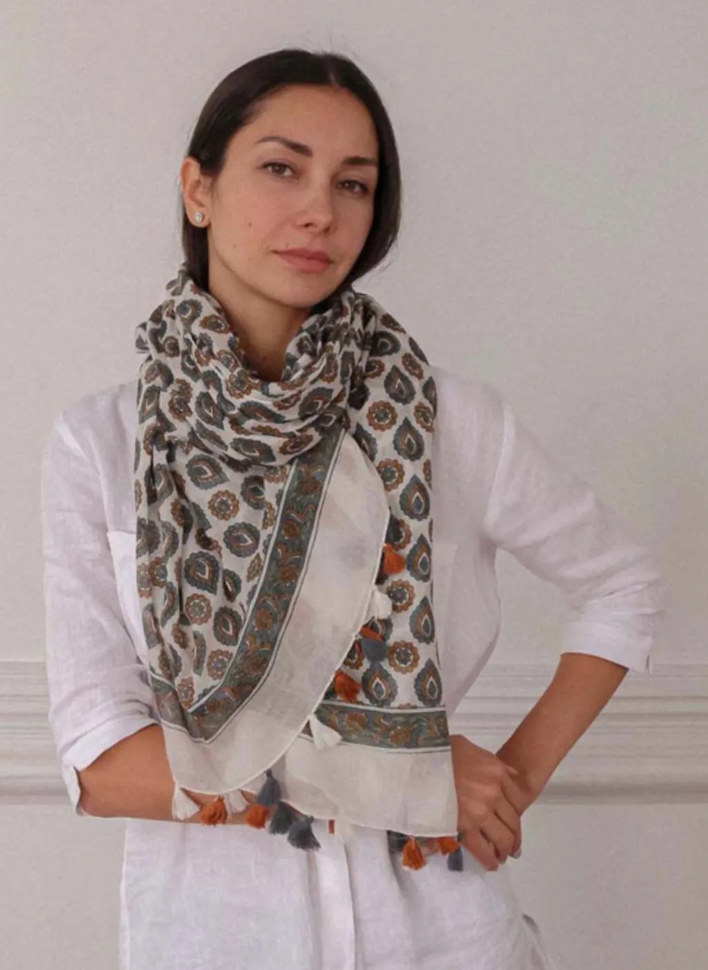Ochre Block Print Aztec Scarf