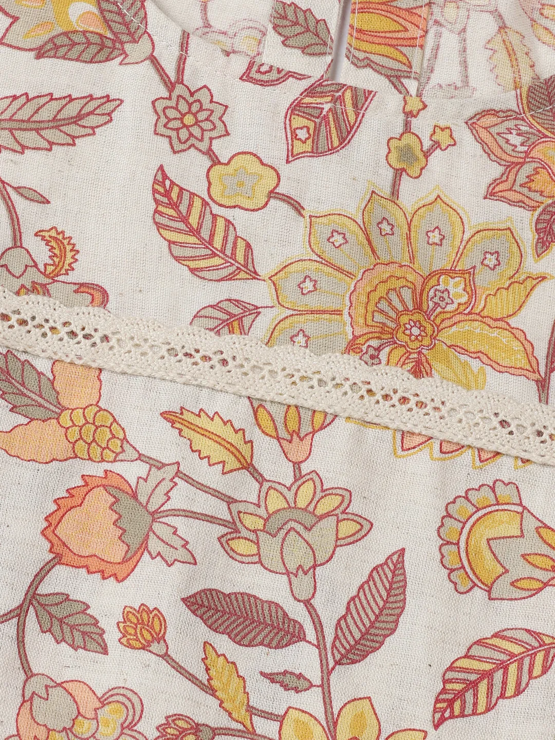 Off White-Yellow Ethnic Floral Print Midi Dress with Patch Pockets