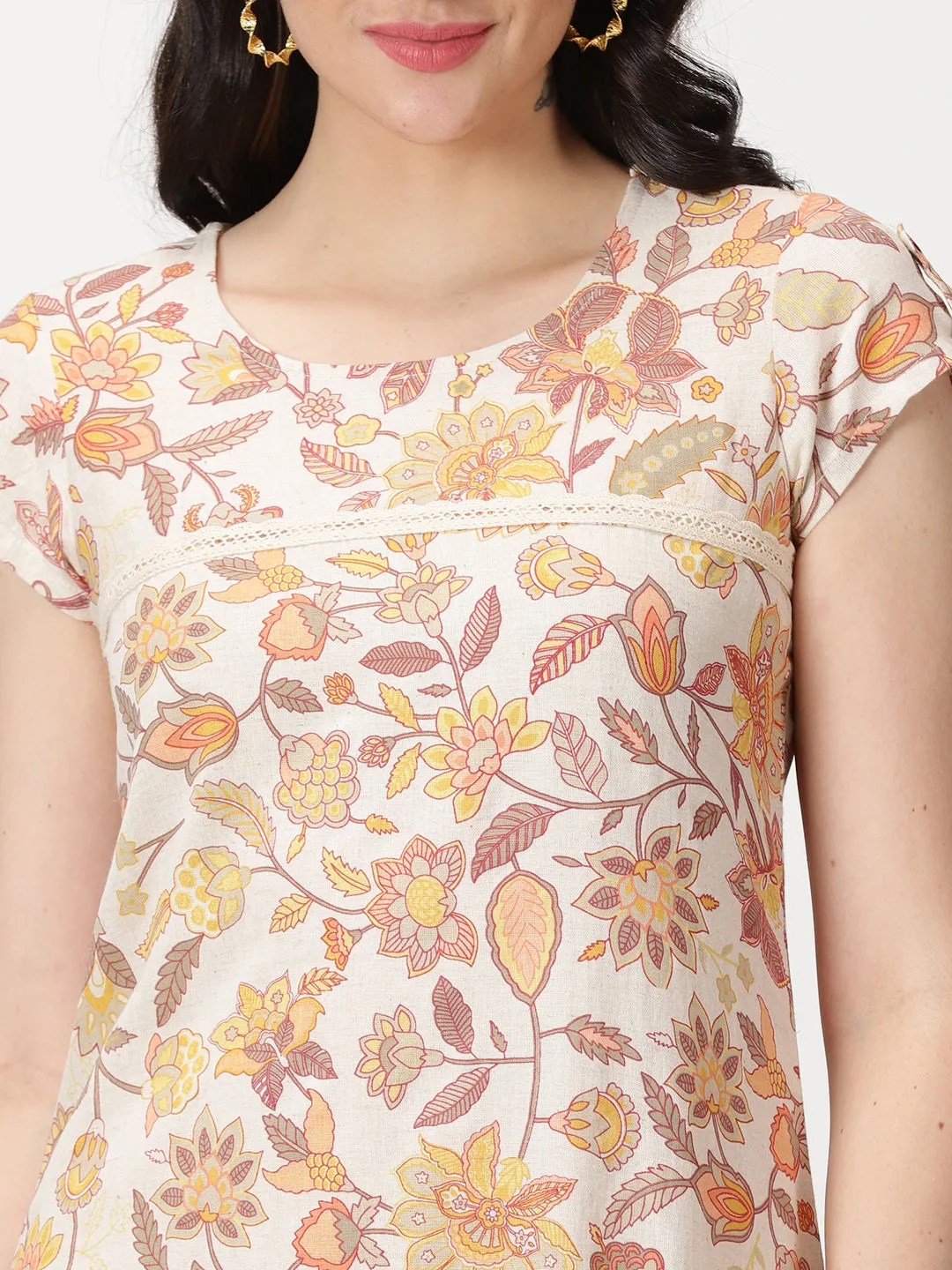 Off White-Yellow Ethnic Floral Print Midi Dress with Patch Pockets