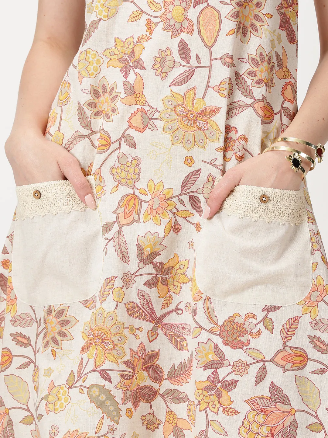 Off White-Yellow Ethnic Floral Print Midi Dress with Patch Pockets