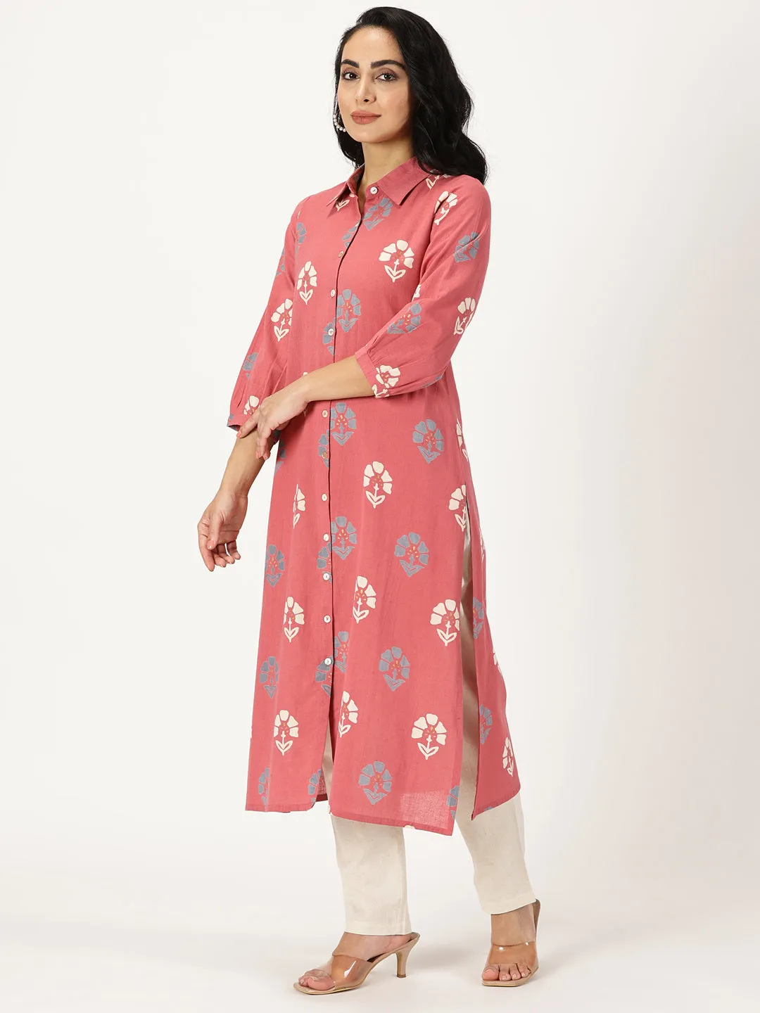 Pink Floral Print Shirt Kurta
