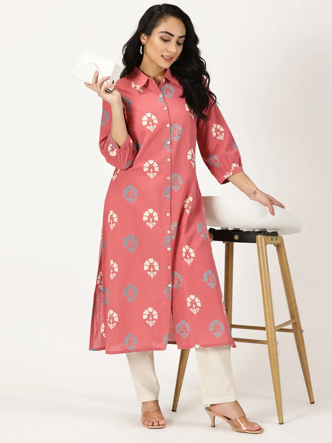 Pink Floral Print Shirt Kurta