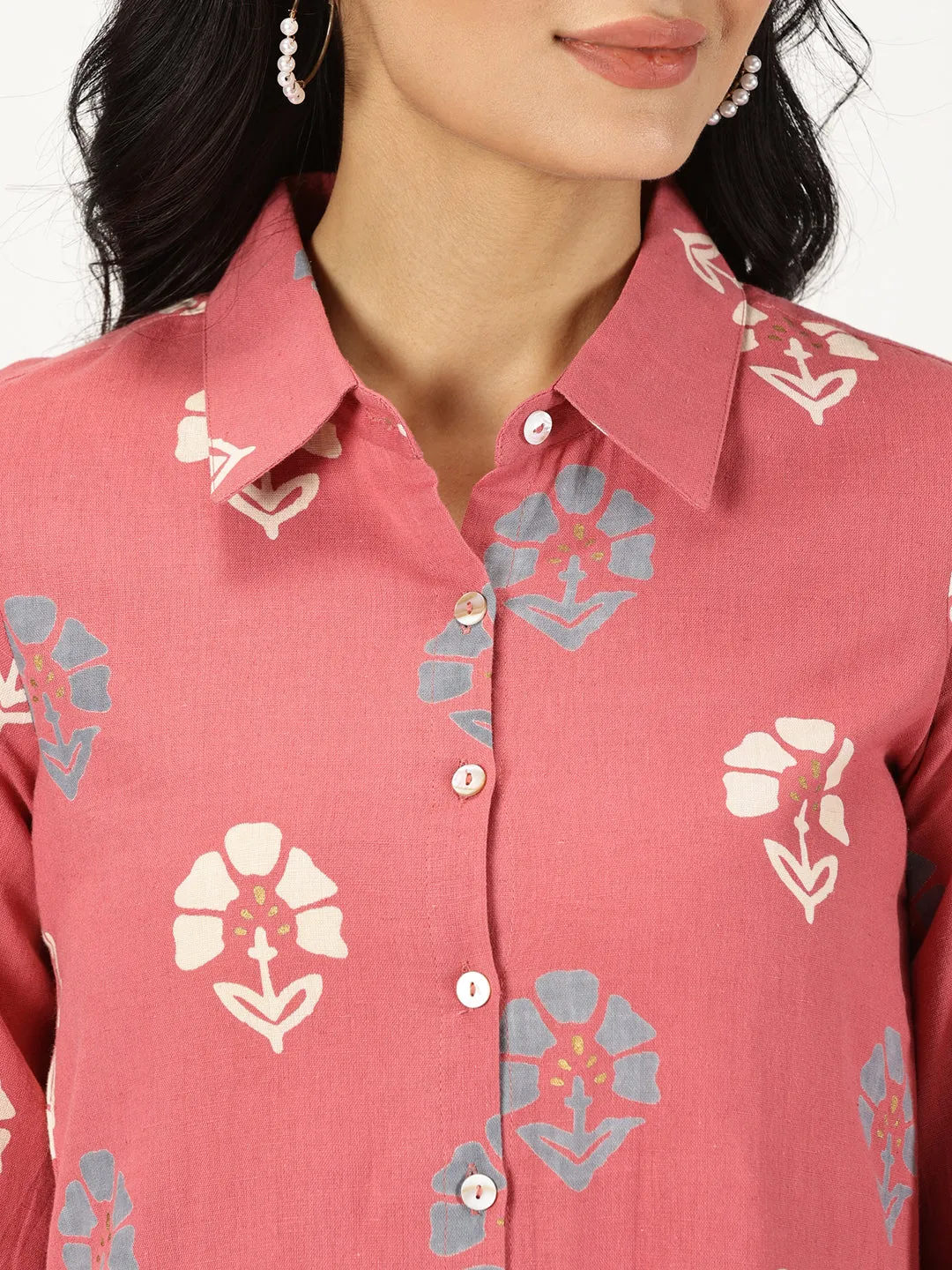Pink Floral Print Shirt Kurta