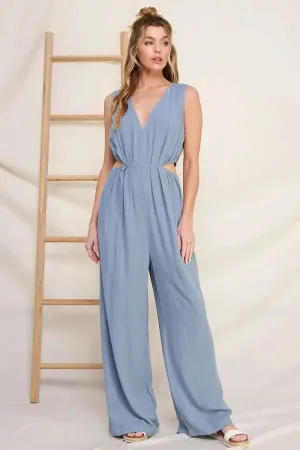 PINSTRIPED LINEN V-NECK JUMPSUIT