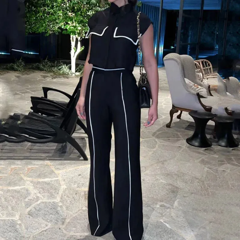 Piped Accent Vest Top & Cuffed High Waist Trousers Set
