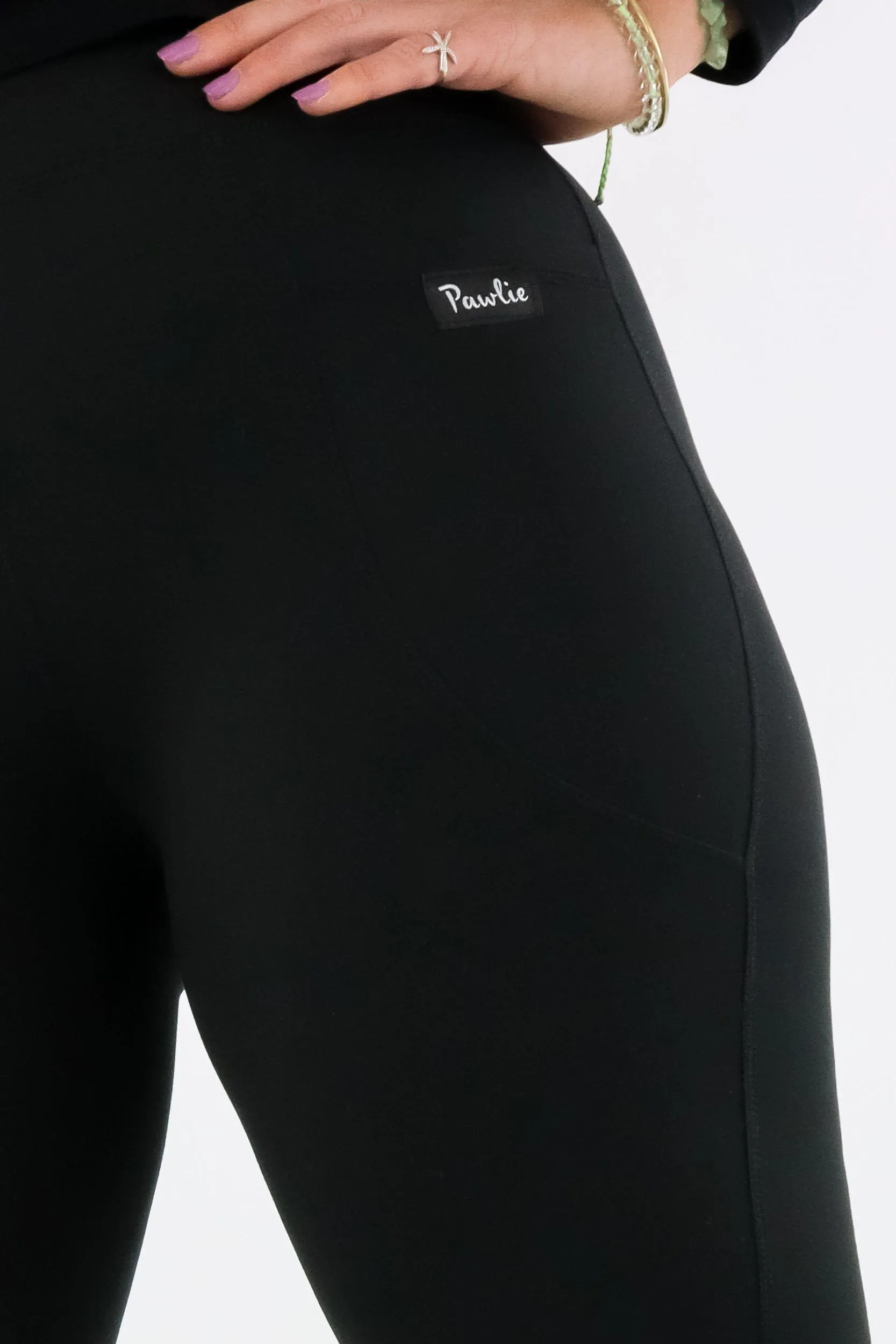 Plain Black - Long Flarey Leggings - Leg Pockets