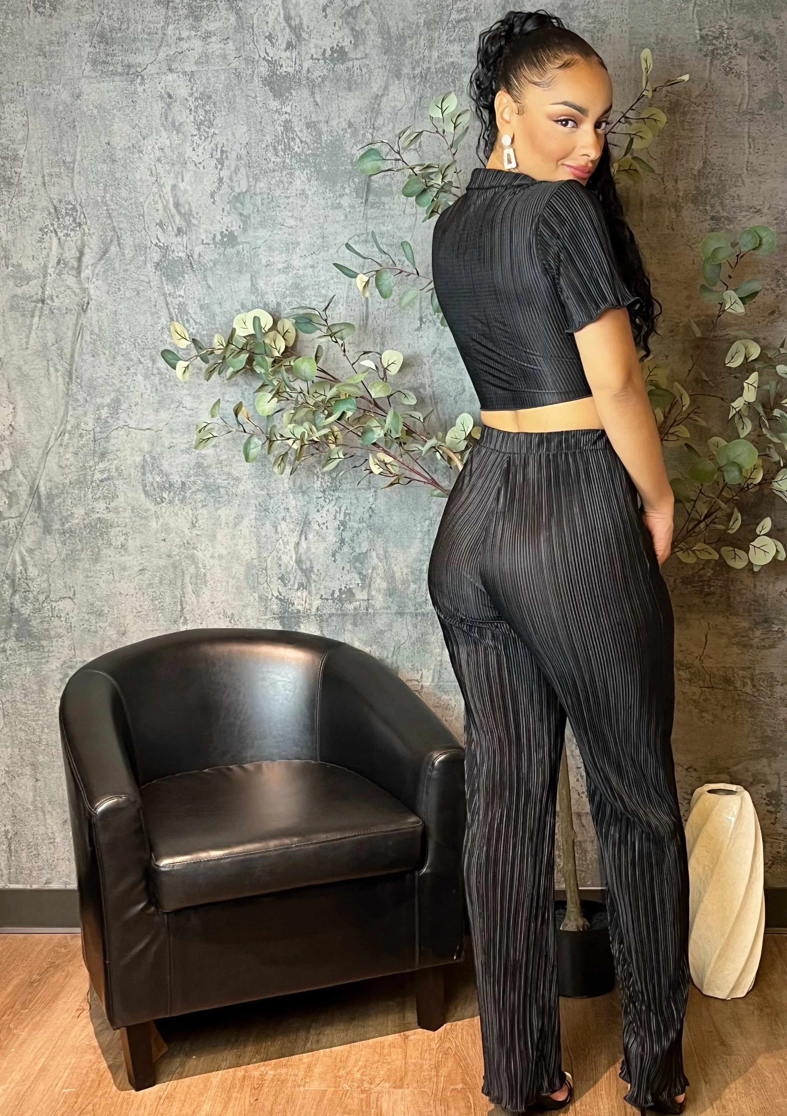 Pleated Front-Tie Top & High-Waisted Pant (Black)