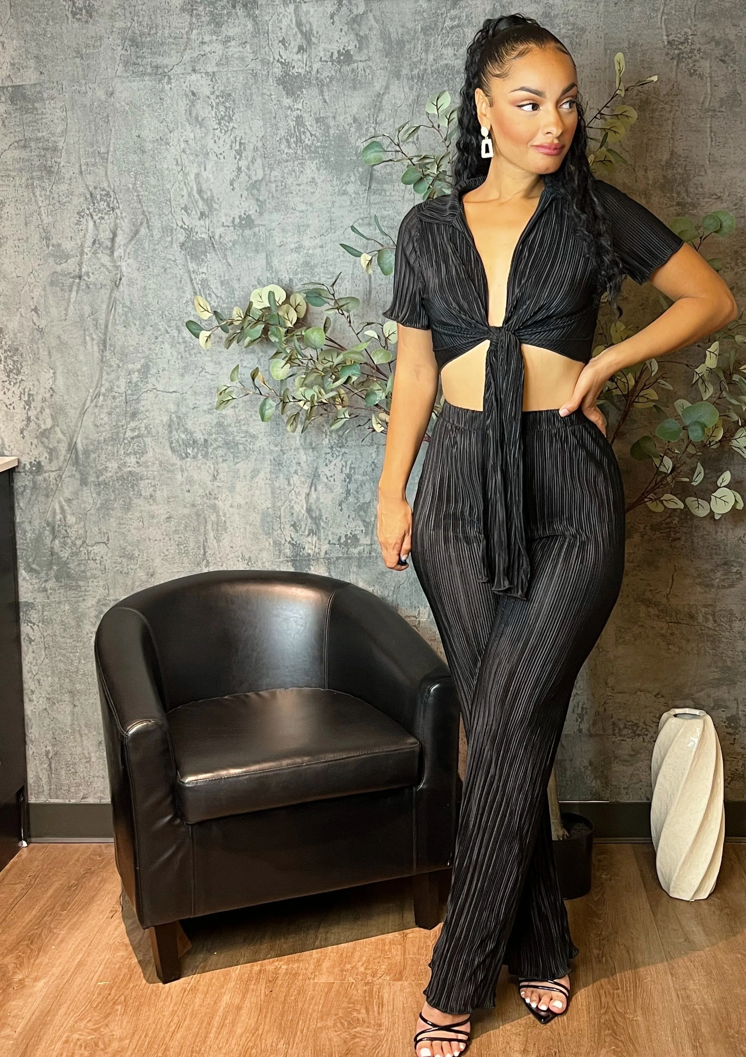 Pleated Front-Tie Top & High-Waisted Pant (Black)