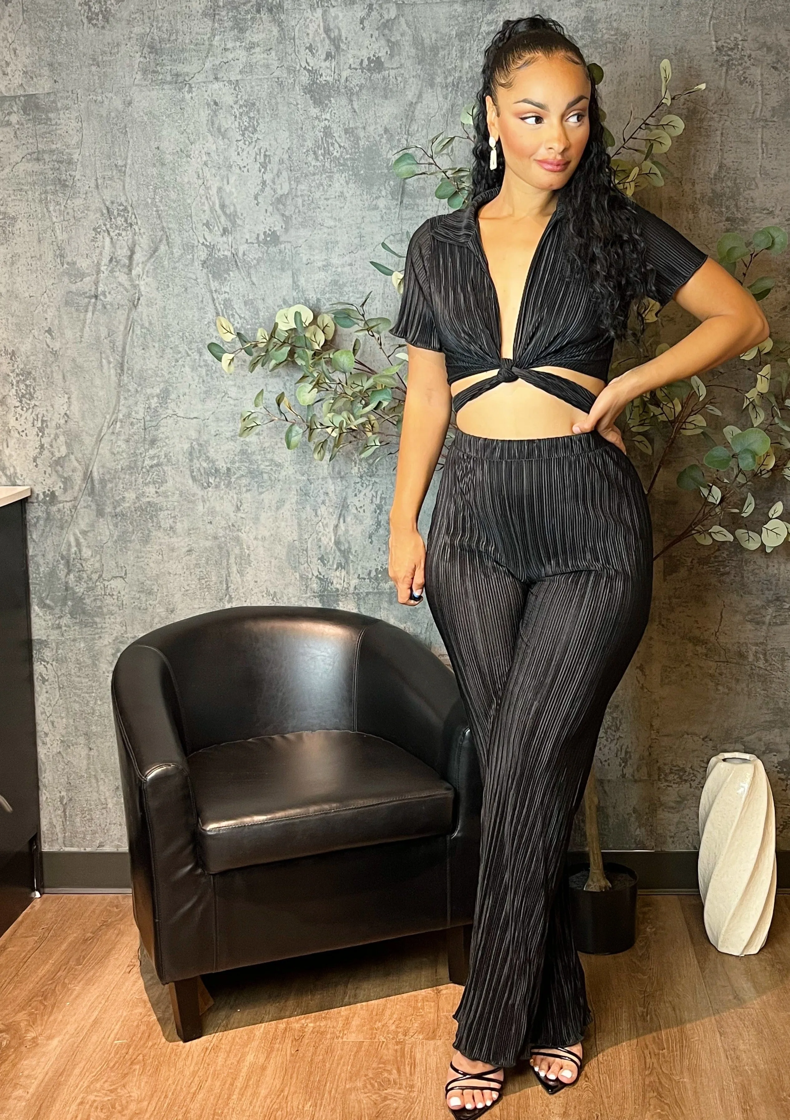 Pleated Front-Tie Top & High-Waisted Pant (Black)