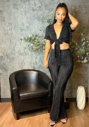 Pleated Front-Tie Top & High-Waisted Pant (Black)