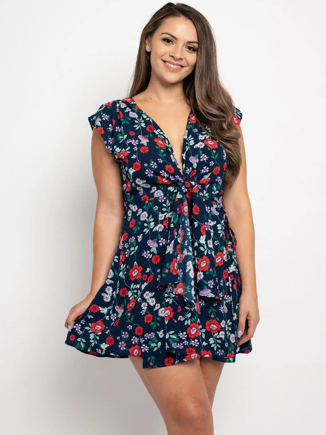 PLUS SIZE FLORAL WRAP MINI DRESS