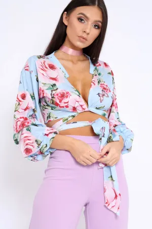 Powder Blue Floral Plunge Wrap Tie Top - Emila