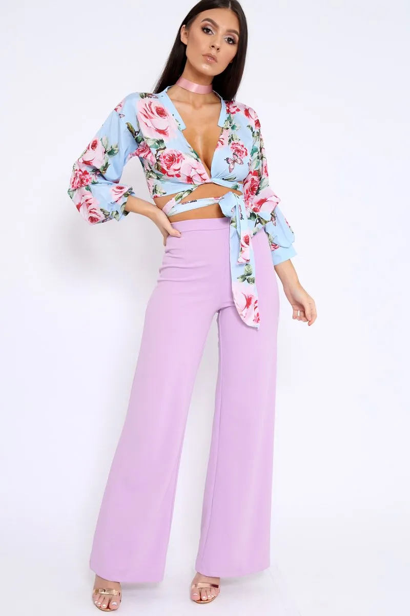 Powder Blue Floral Plunge Wrap Tie Top - Emila