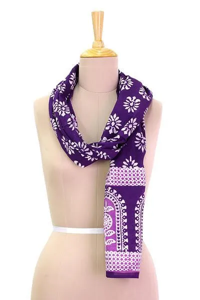 Purple Floral Pattern Batik Printed Cotton Scarf, 'Purple Gardens'