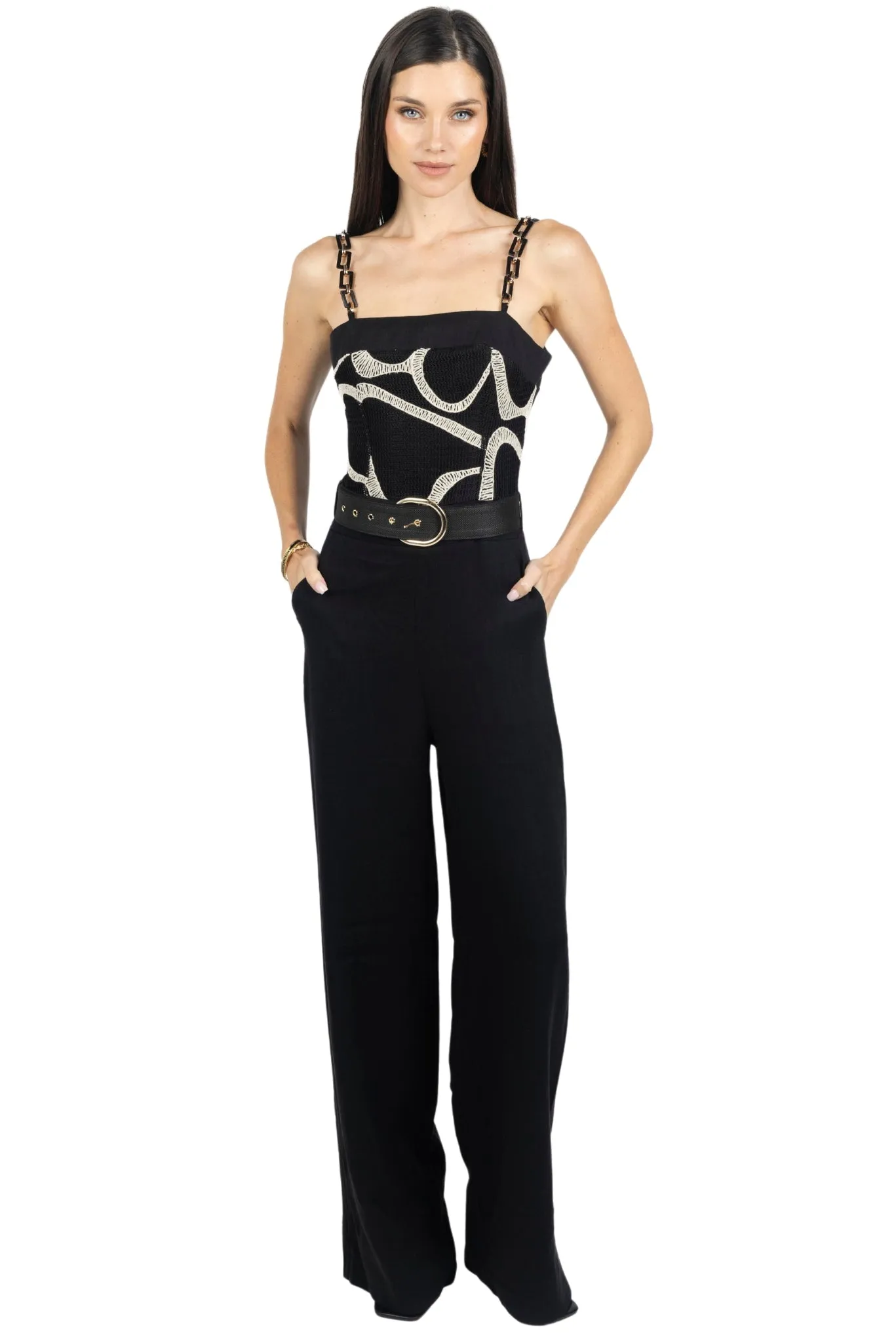 Rachel Printed Belted Linen Jumpsuit In Black
