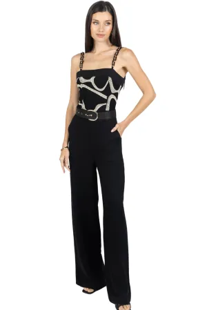 Rachel Printed Belted Linen Jumpsuit In Black