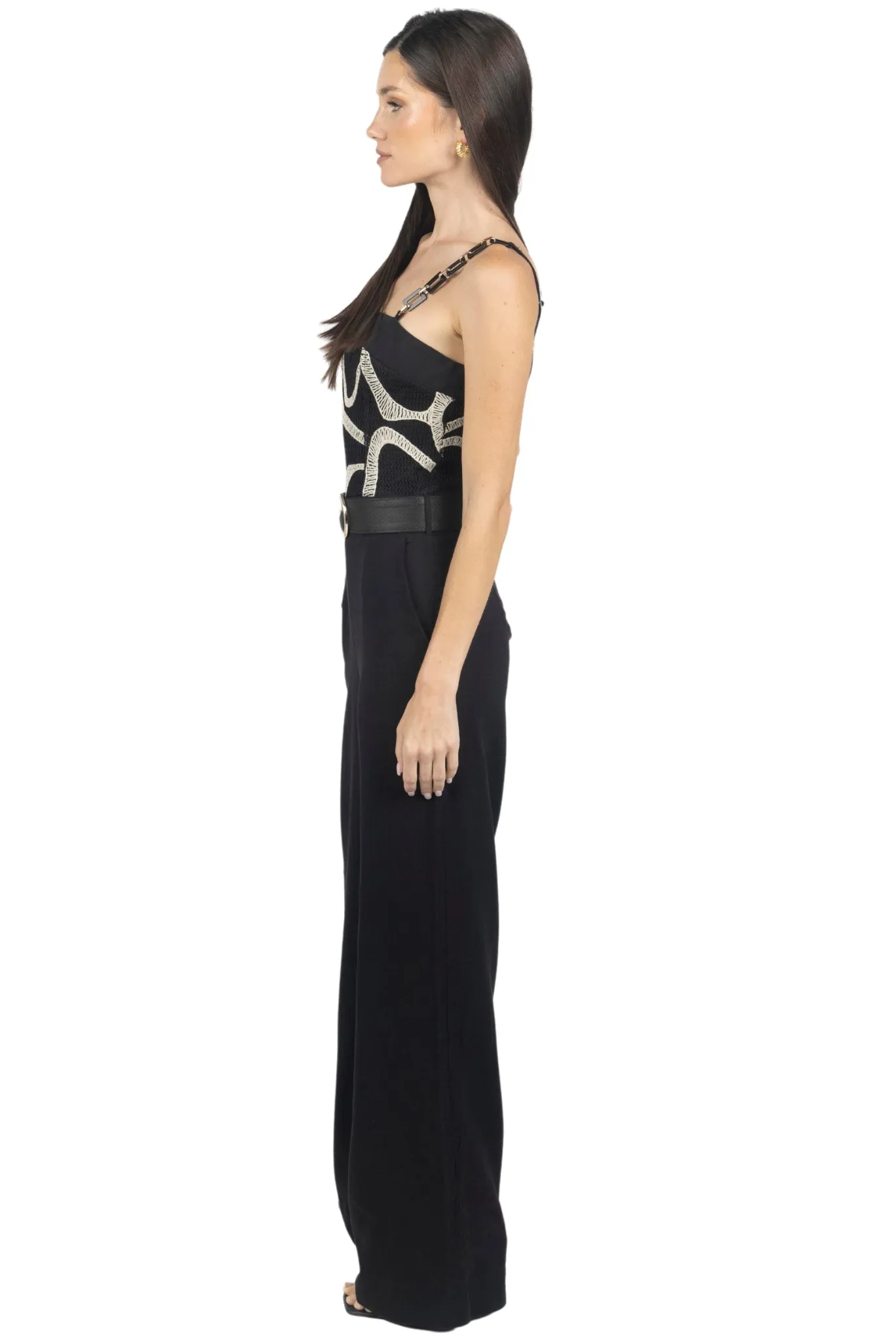 Rachel Printed Belted Linen Jumpsuit In Black