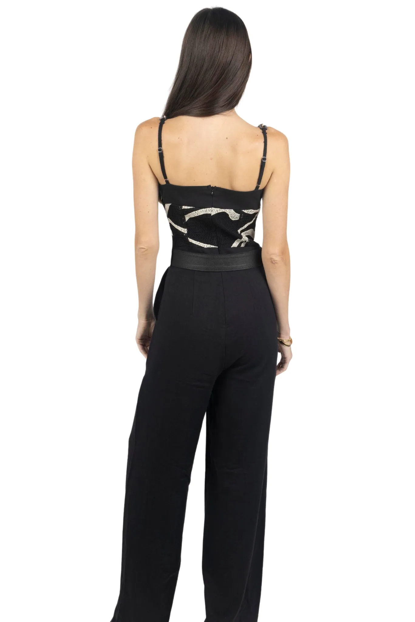 Rachel Printed Belted Linen Jumpsuit In Black
